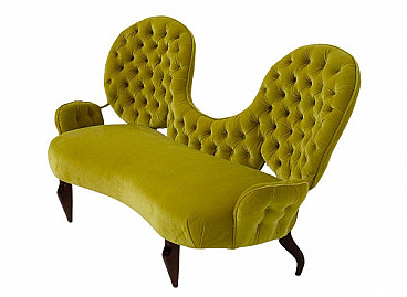 Wood and yellow ochre velvet sofa by Renzo Zavanella, 1950s
