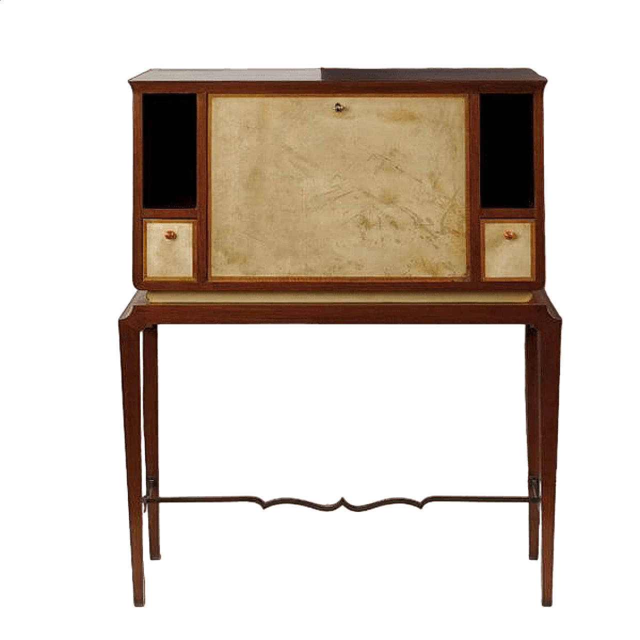 Walnut, parchment, mirror and brass cabinet by Tomaso Buzzi, 1950s 5