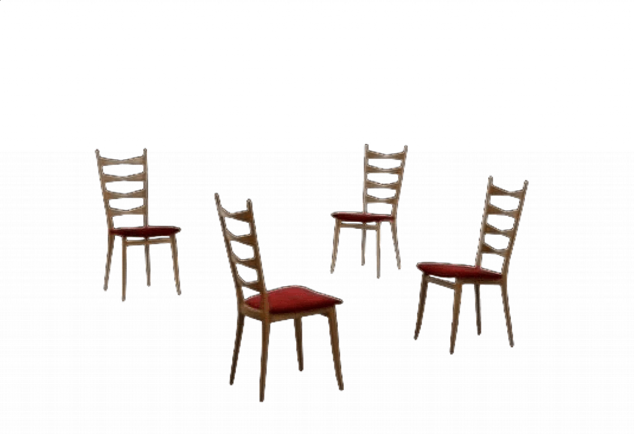 4 Chairs in walnut and red velvet, 1950s 4