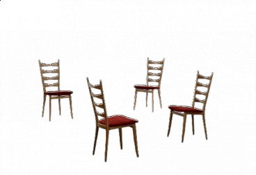 4 Chairs in walnut and red velvet, 1950s