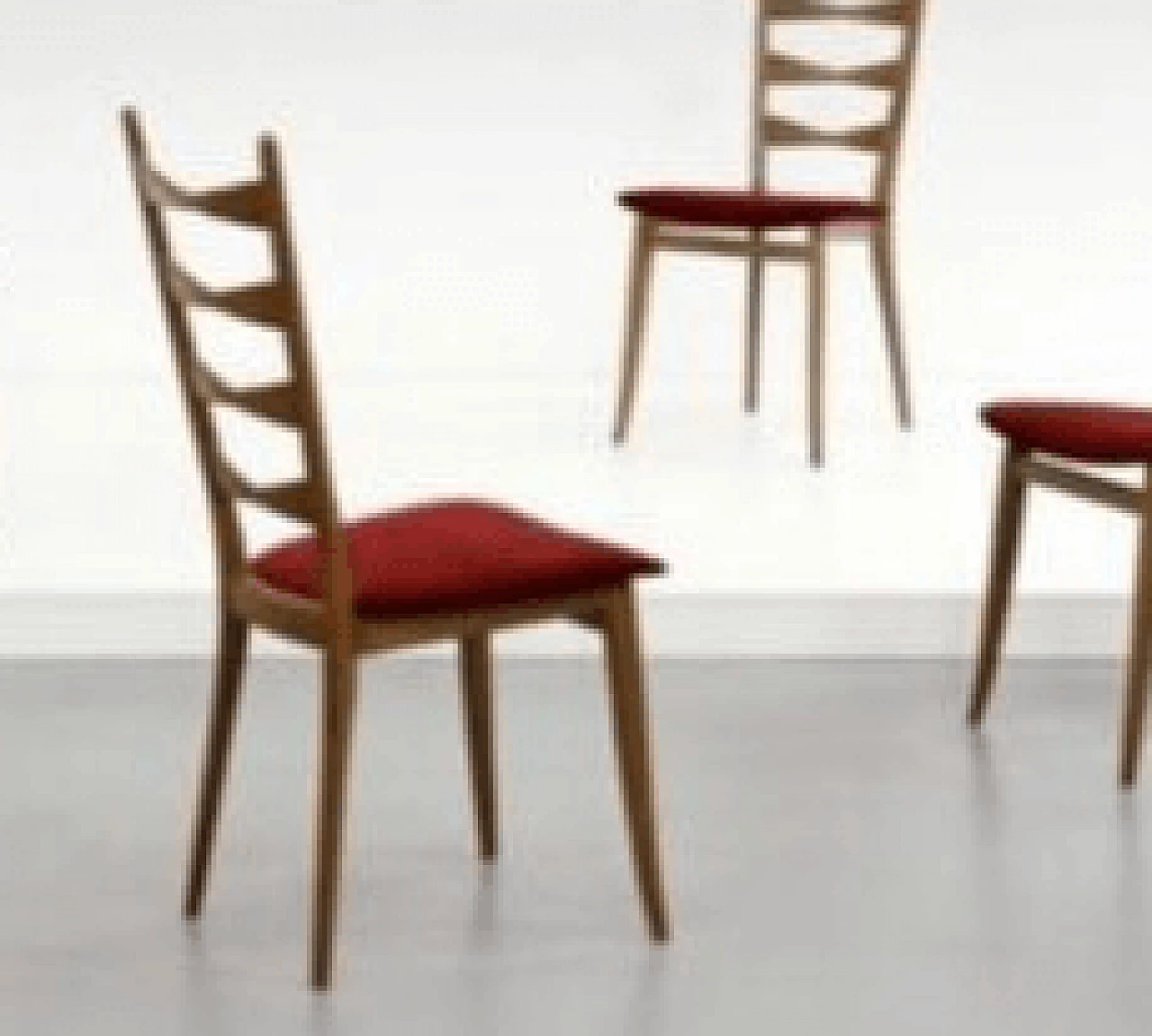 4 Chairs in walnut and red velvet, 1950s 5