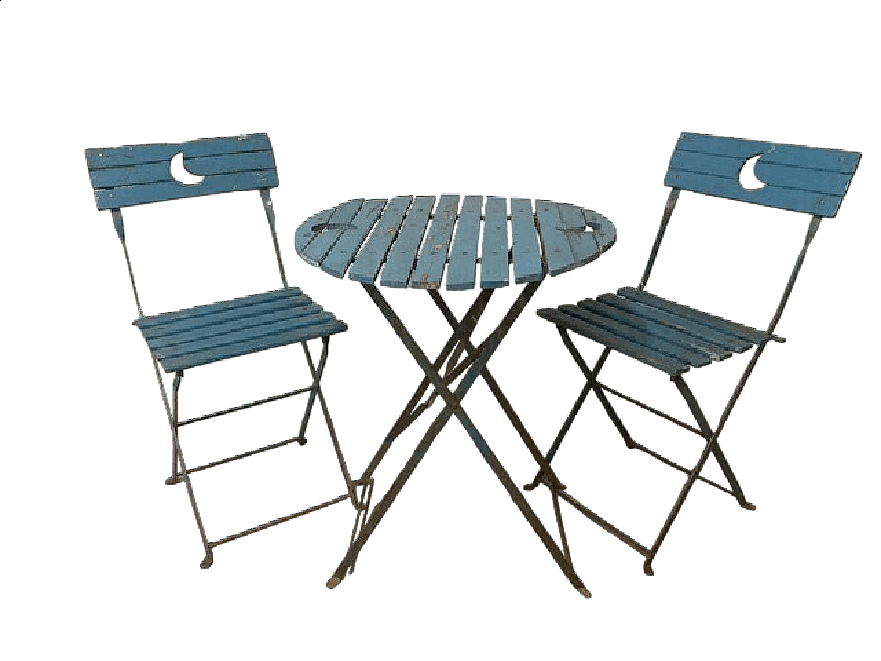 Tavolino e coppia di sedie pieghevoli da giardino laccati azzurro, anni '50 11