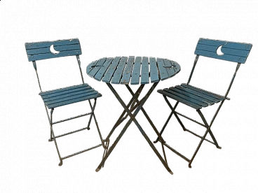 Light blue lacquered garden folding side table and pair of chairs, 1950s