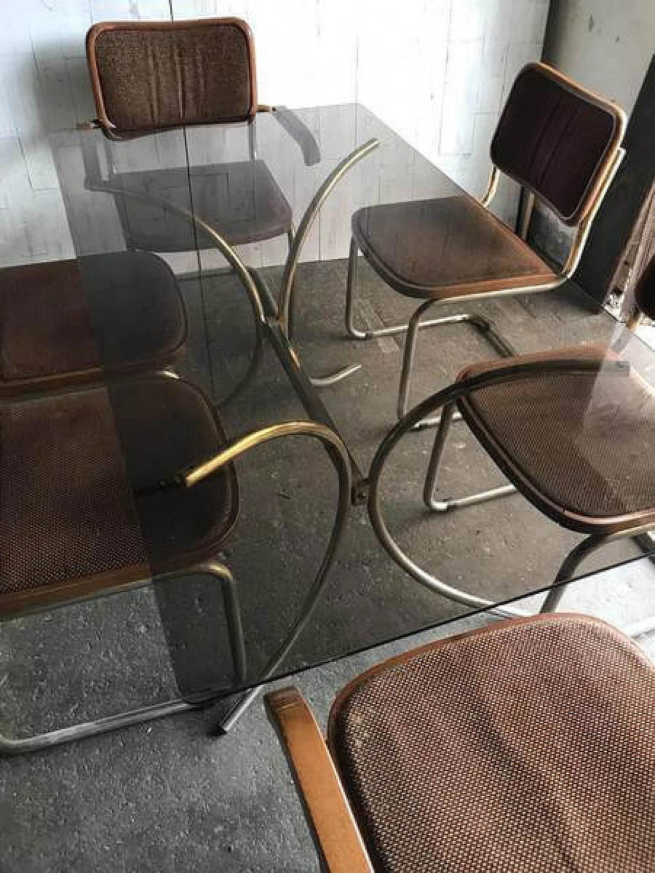 6 Sedie in stile Cesca di Marcel Breuer e tavolo in vetro fumè, anni '80 5