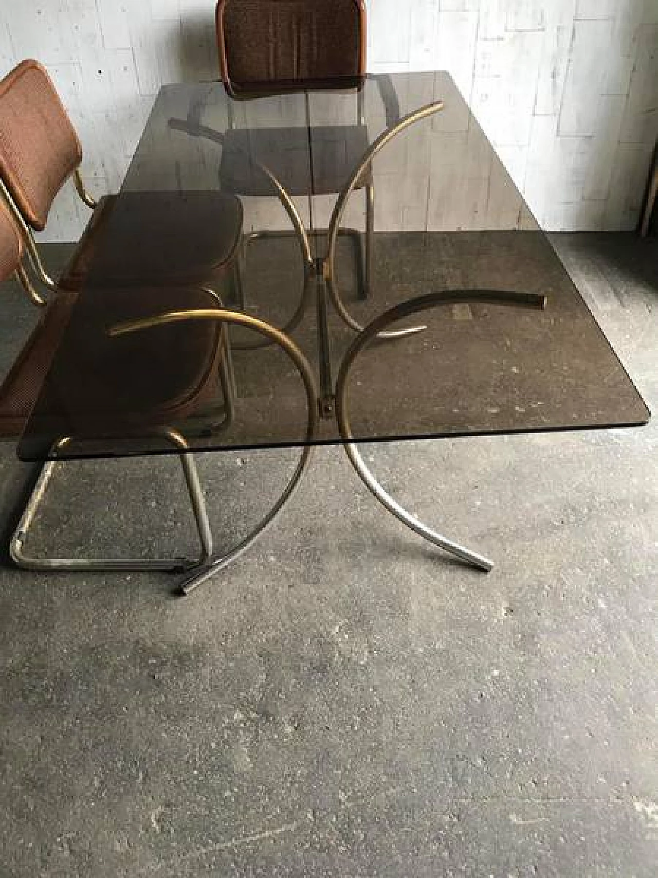6 Sedie in stile Cesca di Marcel Breuer e tavolo in vetro fumè, anni '80 6