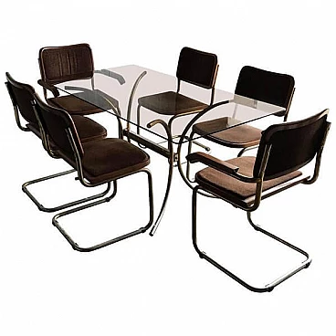 6 Sedie in stile Cesca di Marcel Breuer e tavolo in vetro fumè, anni '80