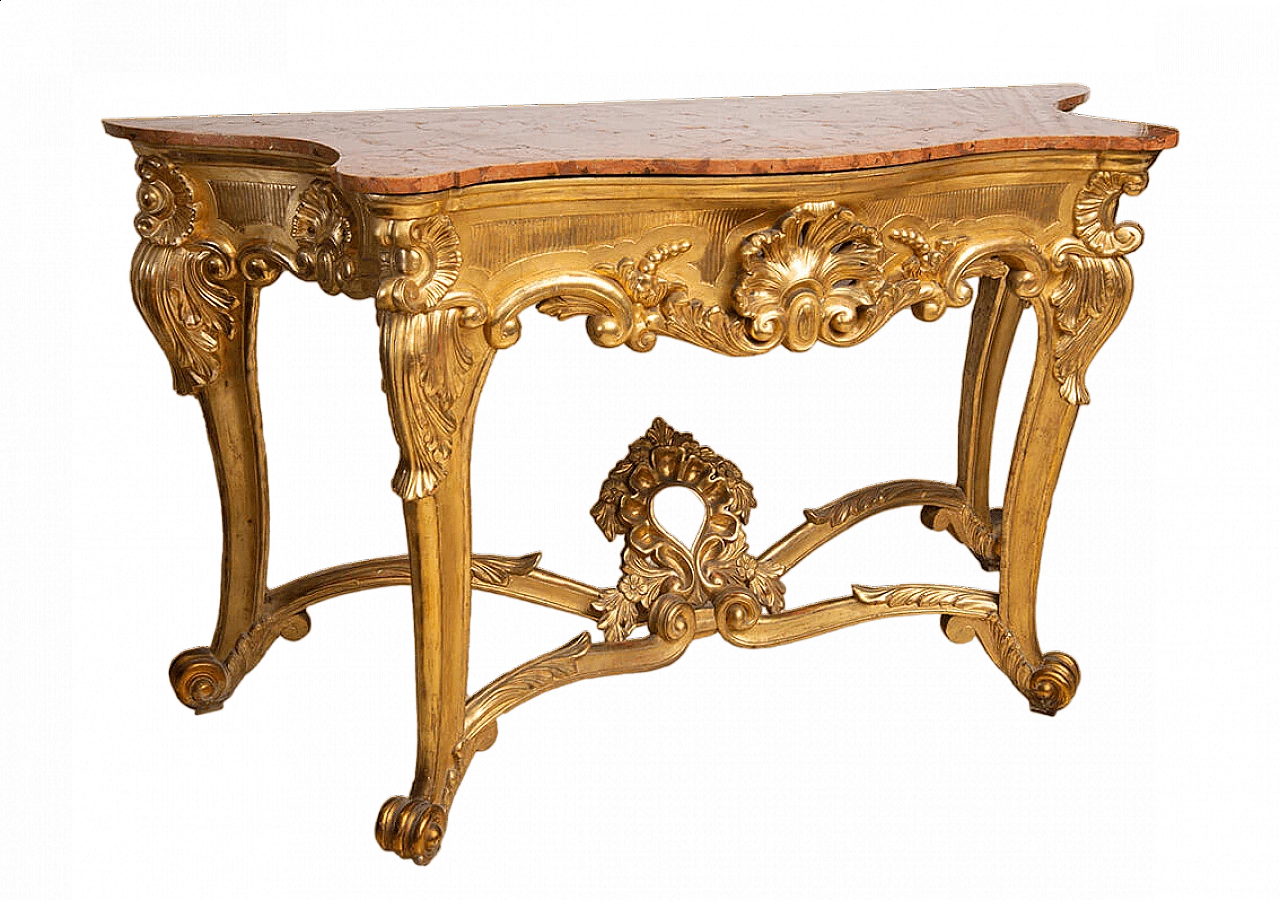 Neapolitan Louis Philippe gilded wood and red marble console, 19th century 8
