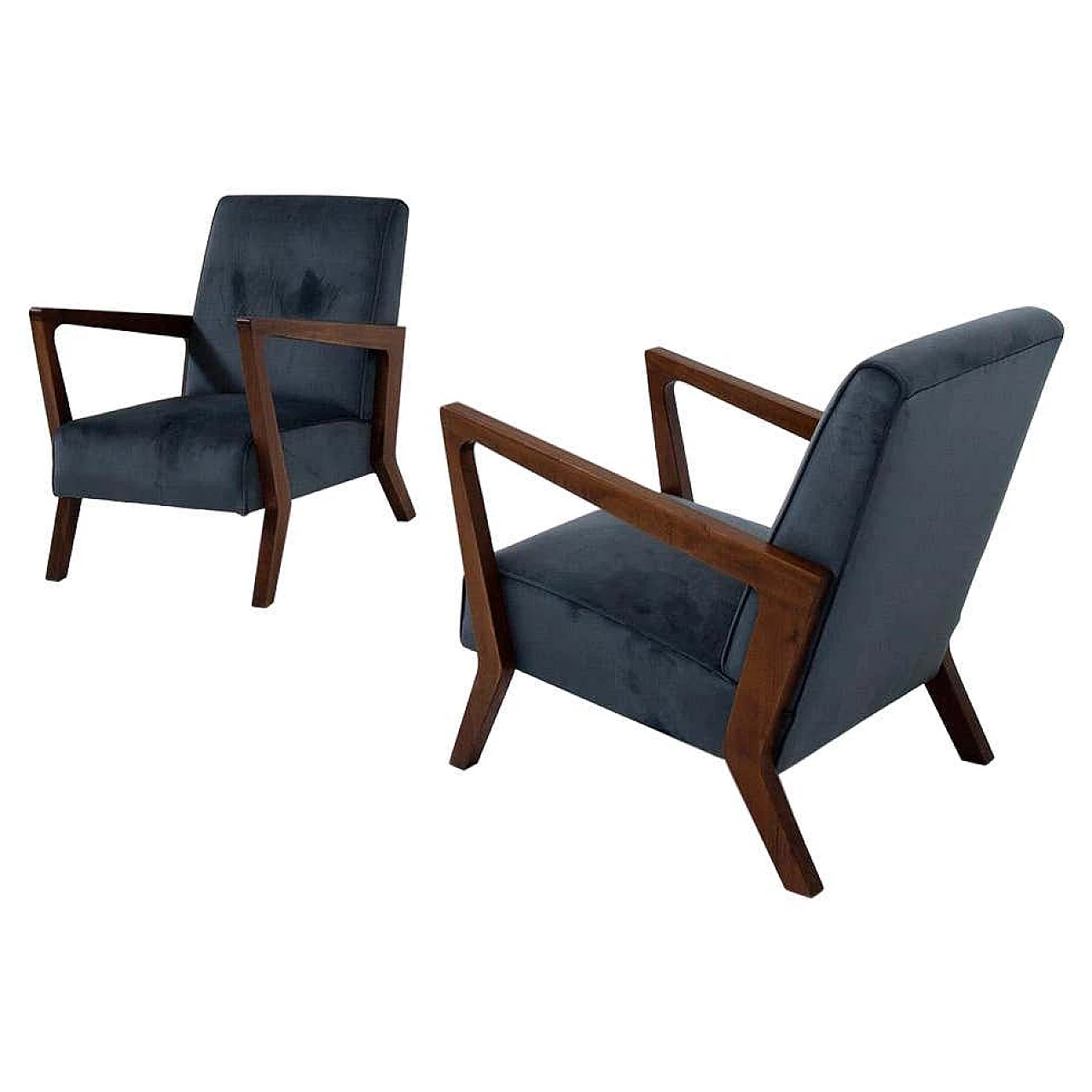 Pair of blue velvet and walnut armchairs, 1960s 1