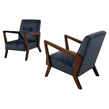 Pair of blue velvet and walnut armchairs, 1960s
