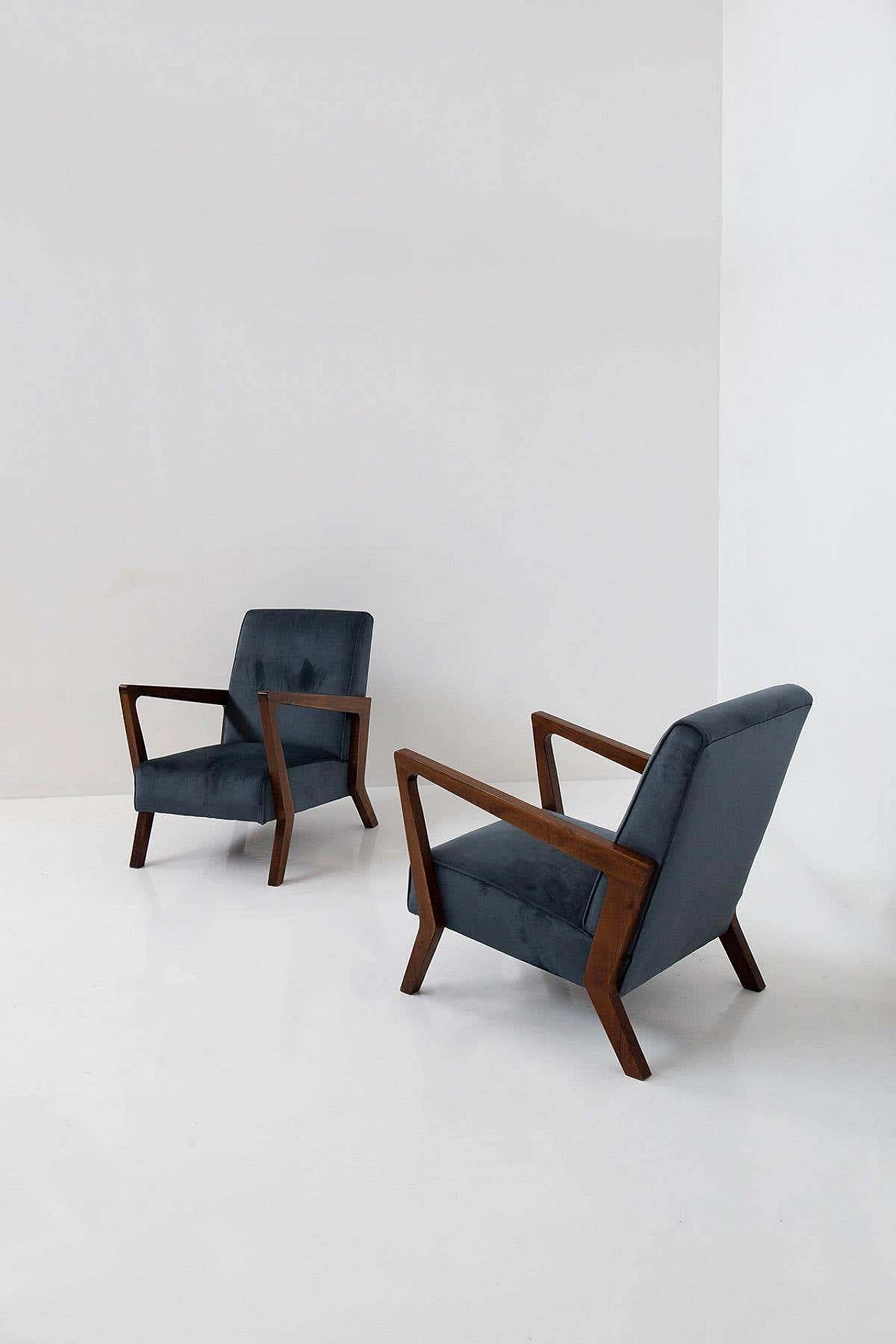 Pair of blue velvet and walnut armchairs, 1960s 2