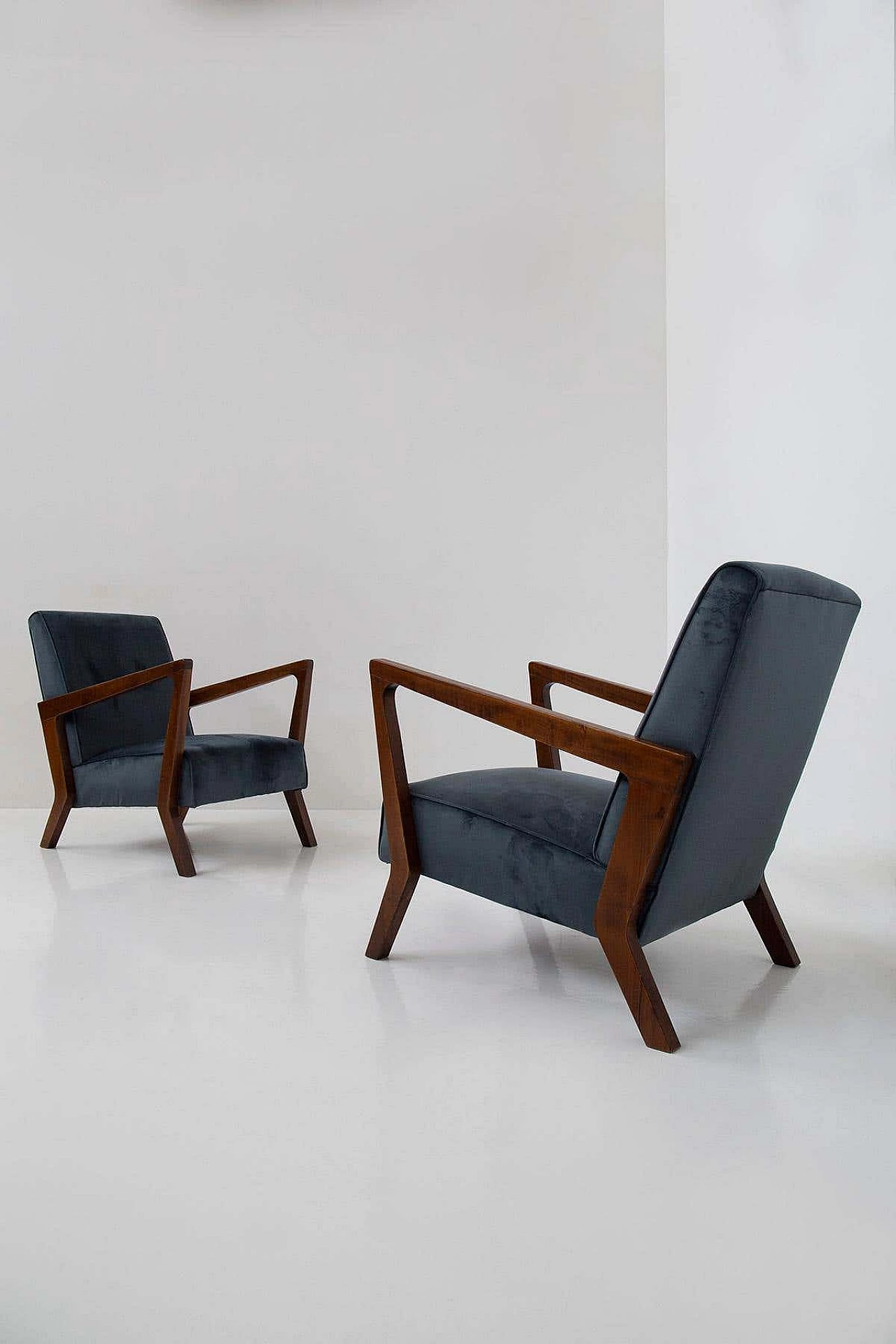 Pair of blue velvet and walnut armchairs, 1960s 8