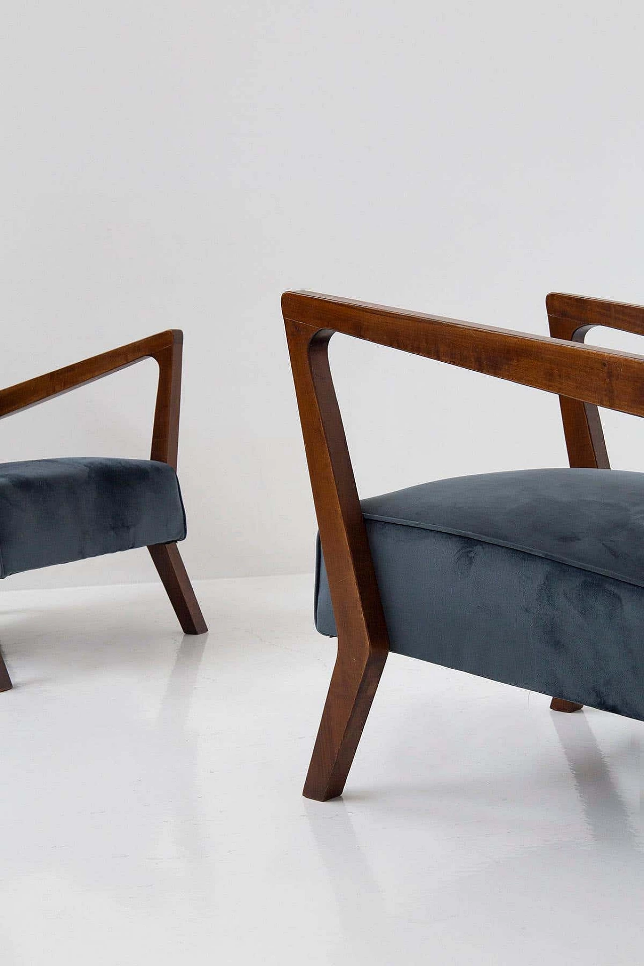 Pair of blue velvet and walnut armchairs, 1960s 9