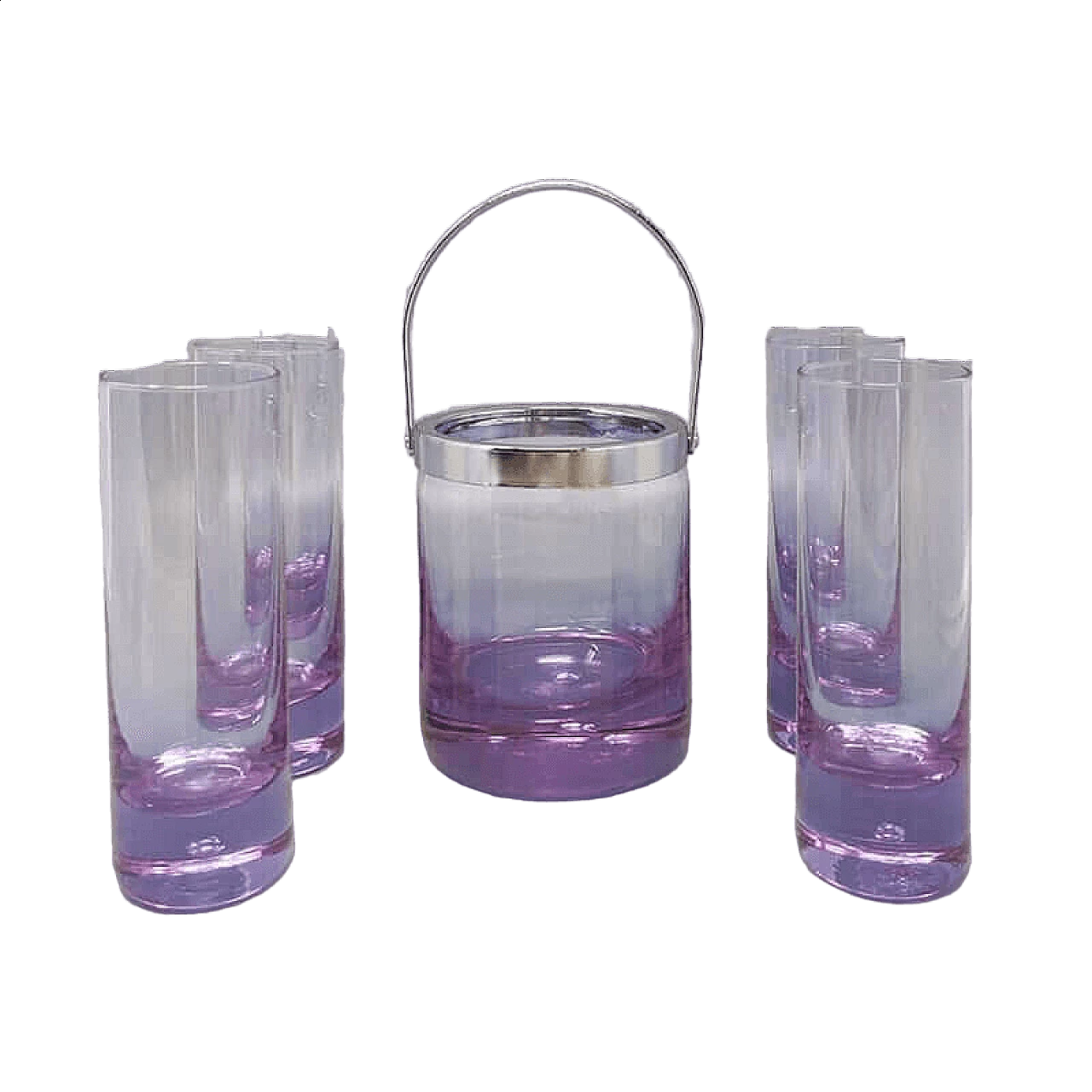 4 Bicchieri e secchiello per ghiaccio in cristallo viola di Ivat, anni '70 11