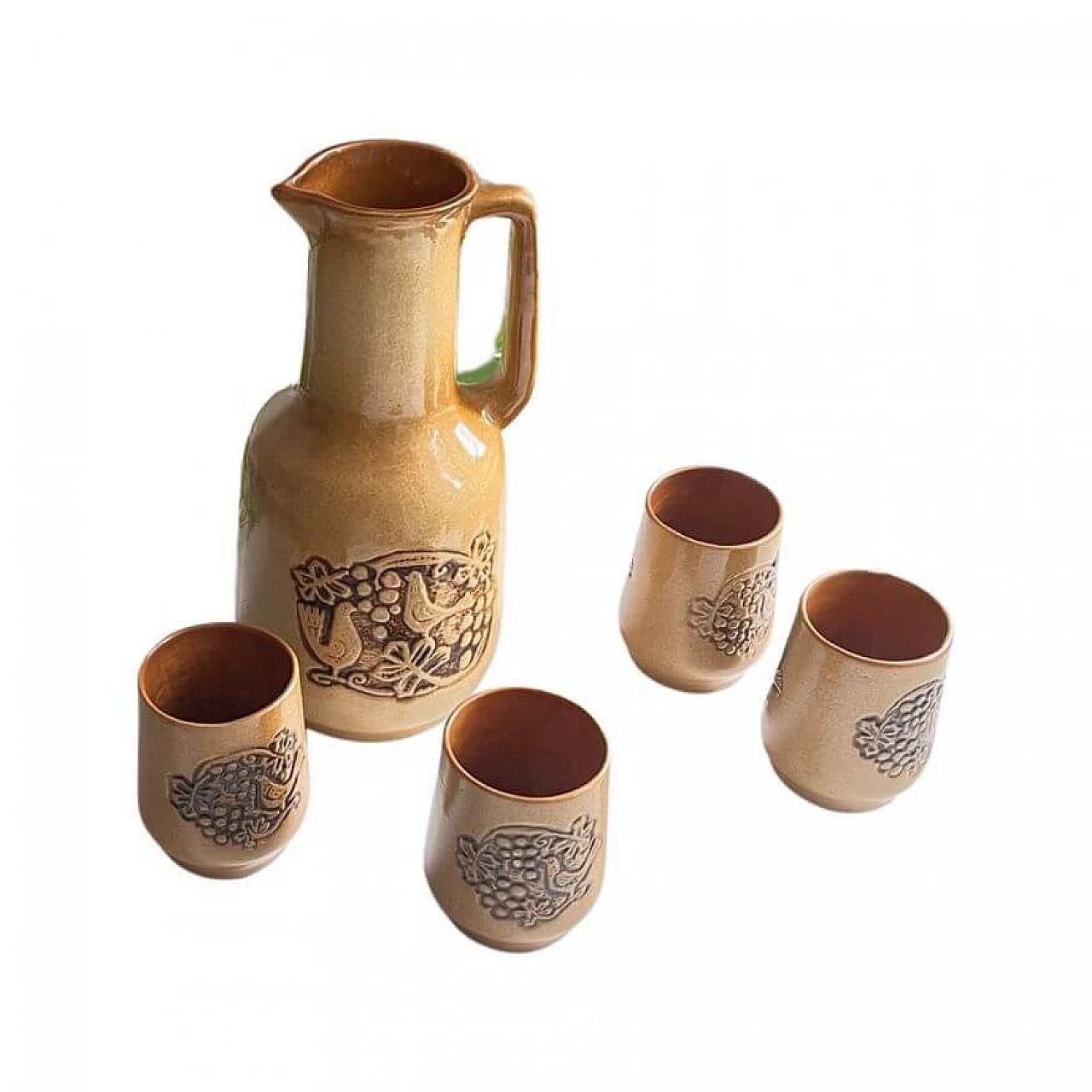 4 Bicchieri e brocca in gres in stile Hutsul, anni '70 6