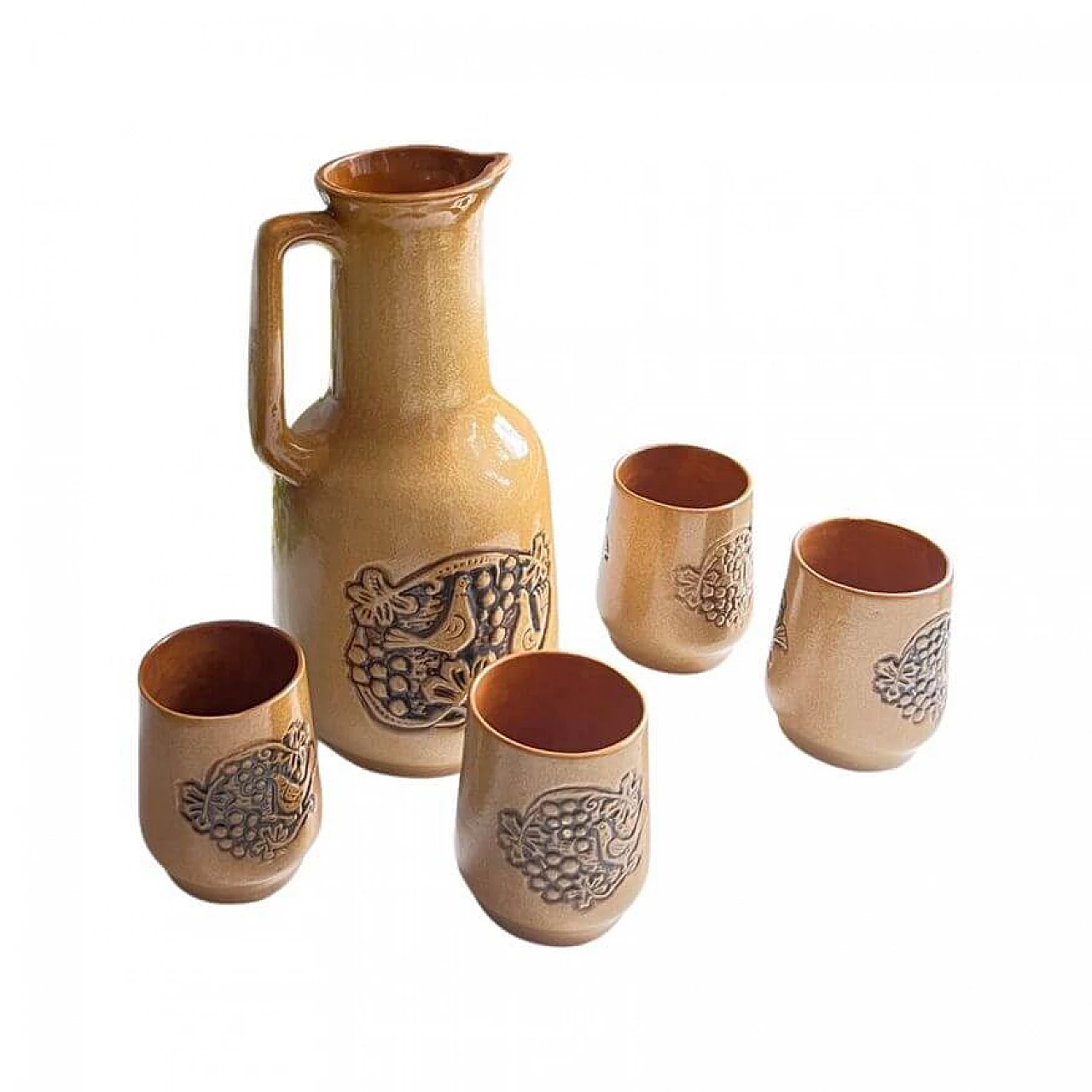 4 Bicchieri e brocca in gres in stile Hutsul, anni '70 10