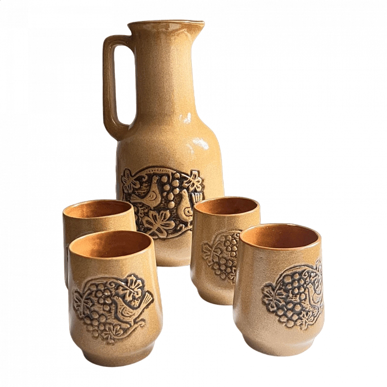 4 Bicchieri e brocca in gres in stile Hutsul, anni '70 14