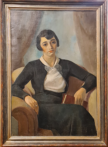 Portrait of seated female figure with book, oil painting on canvas