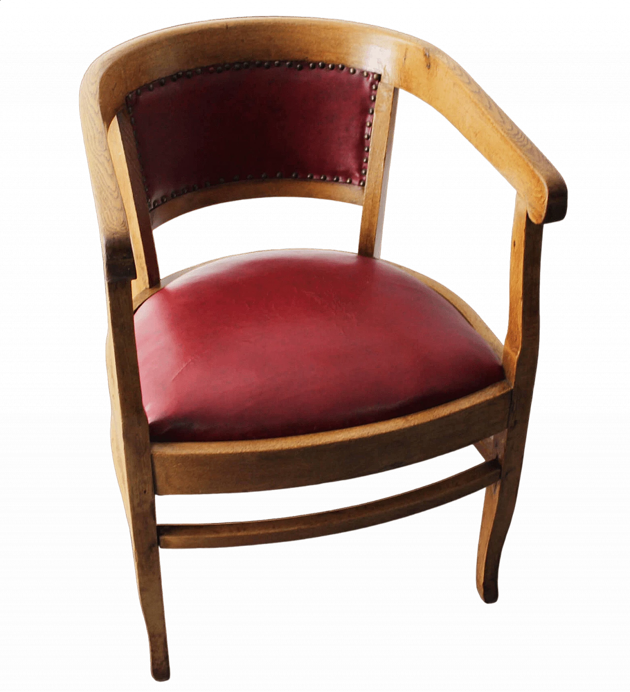English wood and burgundy leather armchair, 1970s 8