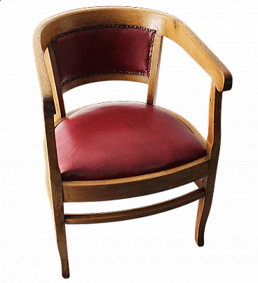 English wood and burgundy leather armchair, 1970s