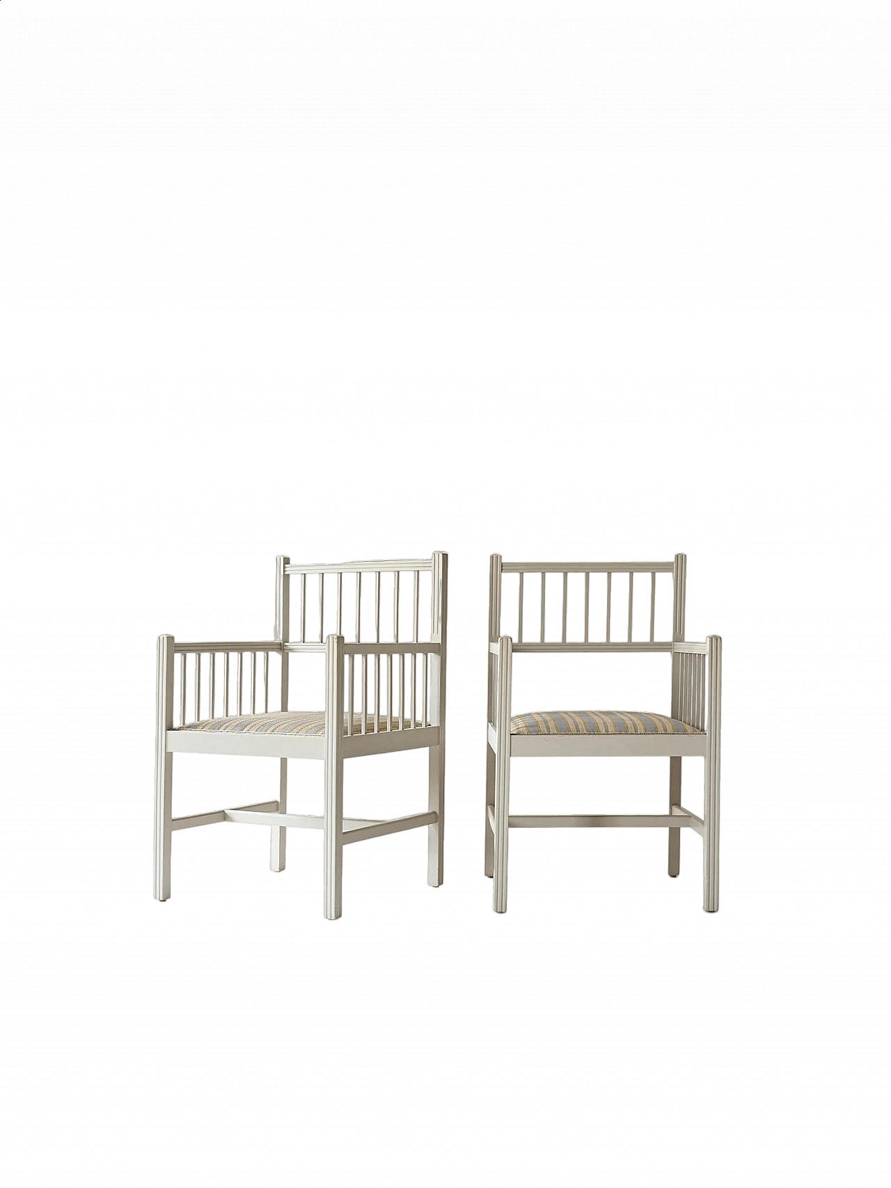 Pair of Swedish white wood and striped fabric armchairs, 1970s 11