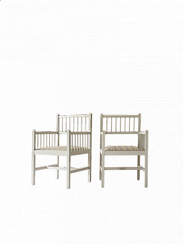 Pair of Swedish white wood and striped fabric armchairs, 1970s