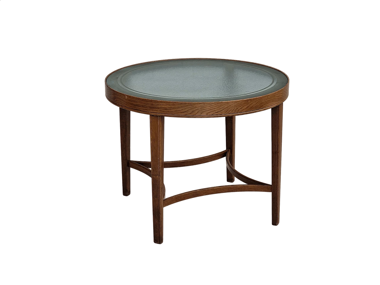 Tavolino danese rotondo in rovere con piano in vetro, anni '50 13