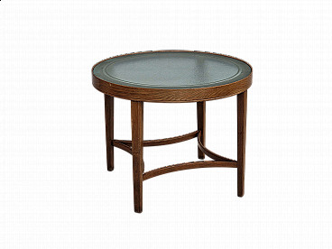Danish round oak coffee table with glass top, 1950s