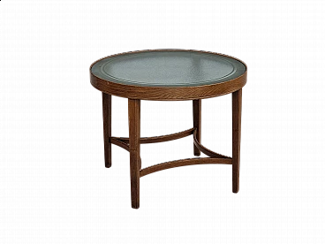 Tavolino danese rotondo in rovere con piano in vetro, anni '50