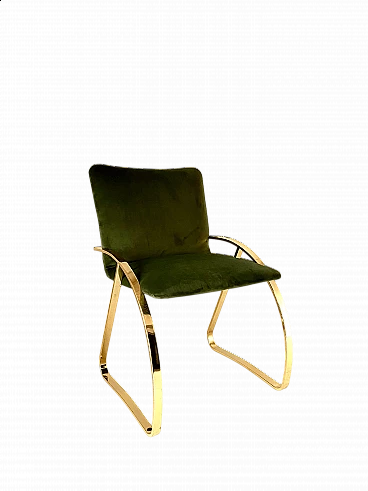 Sedia in velluto verde ed acciaio cromato dorato, anni '70
