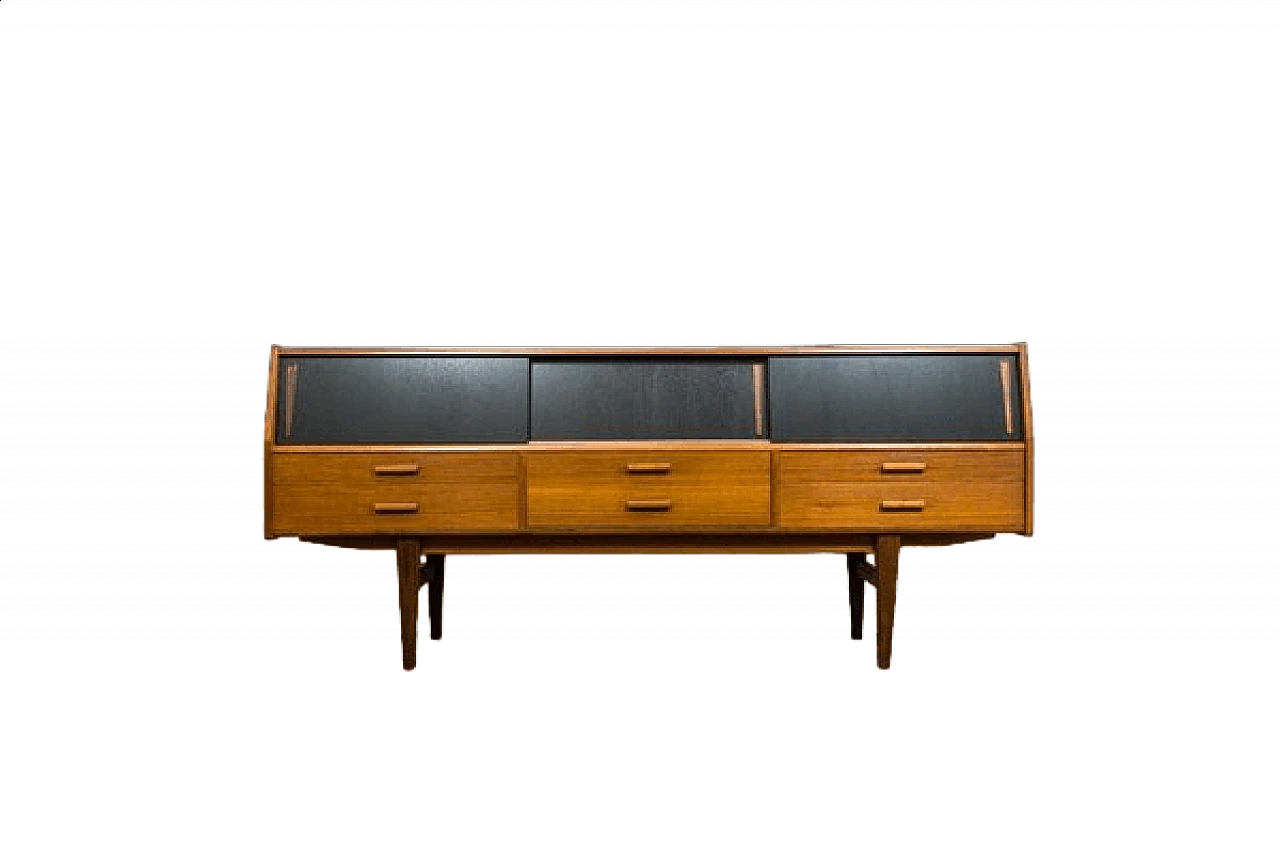 Credenza danese in teak con cassetti e ante scorrevoli nere, anni '60 28