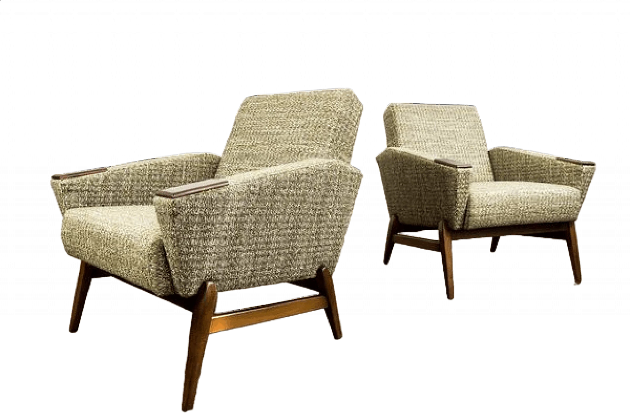 Pair of Danish wood and green fabric armchairs, 1960s 25