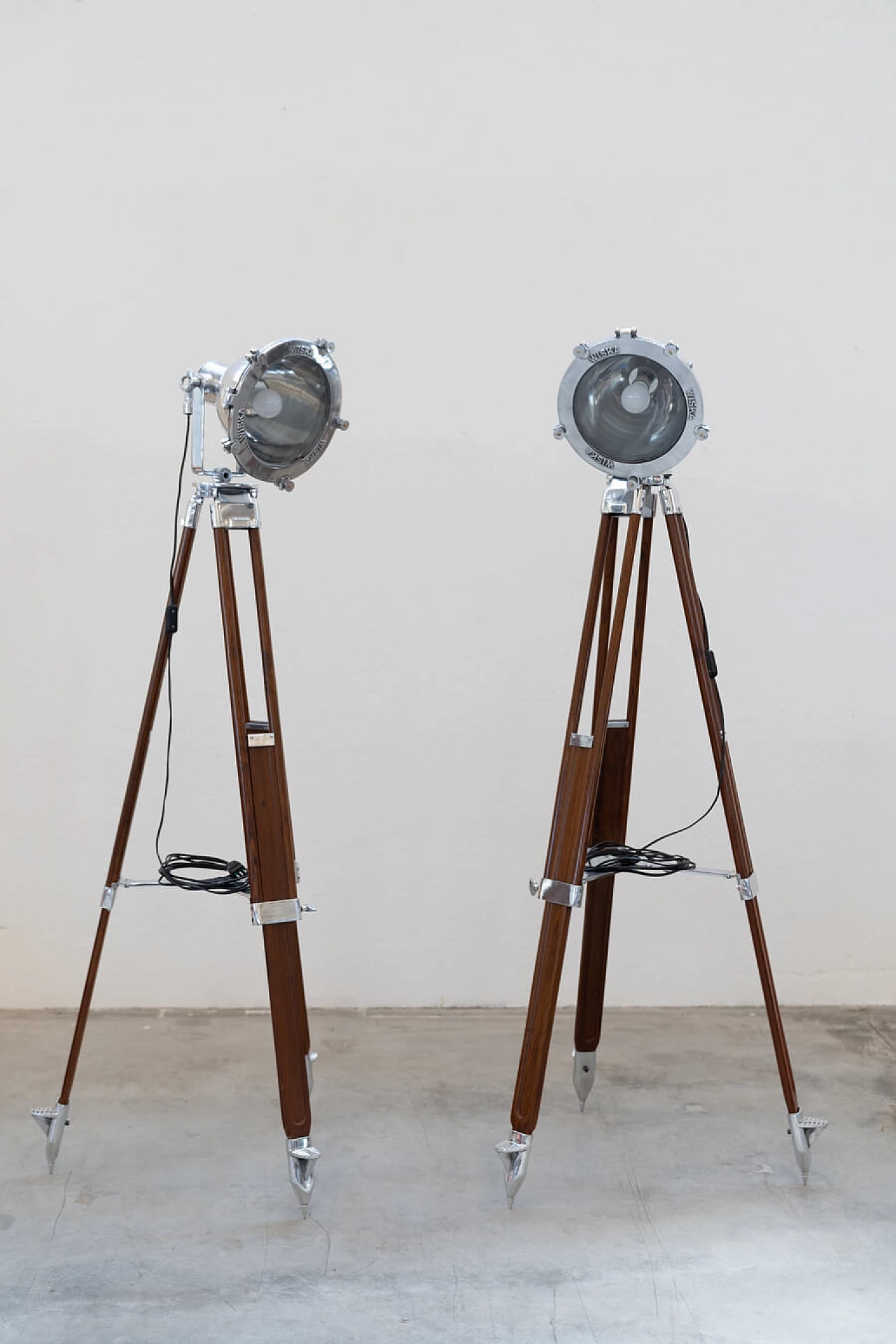Pair of tripod floor lamps with Wiska nautical projector, 1990s 1