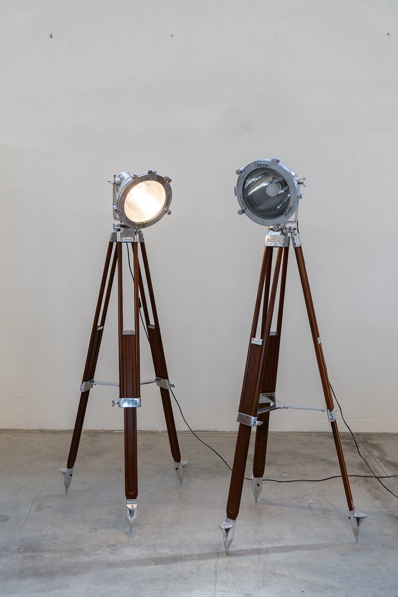 Pair of tripod floor lamps with Wiska nautical projector, 1990s 11
