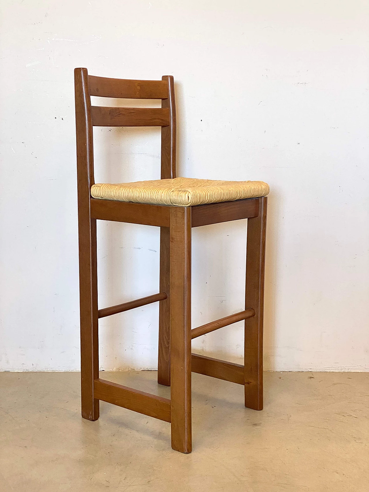 5 Sgabelli da bar in faggio e paglia, anni '80 2