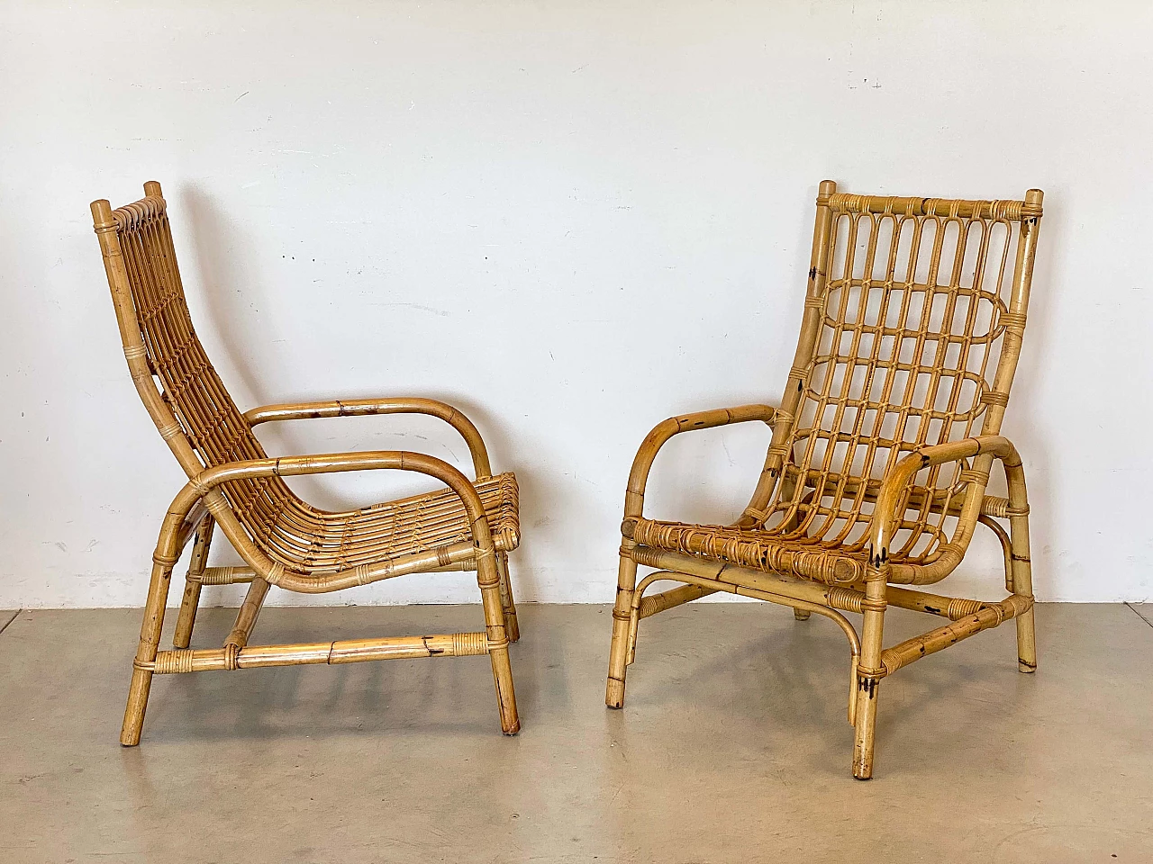 Pair of bamboo and wicker armchairs, 1970s 1