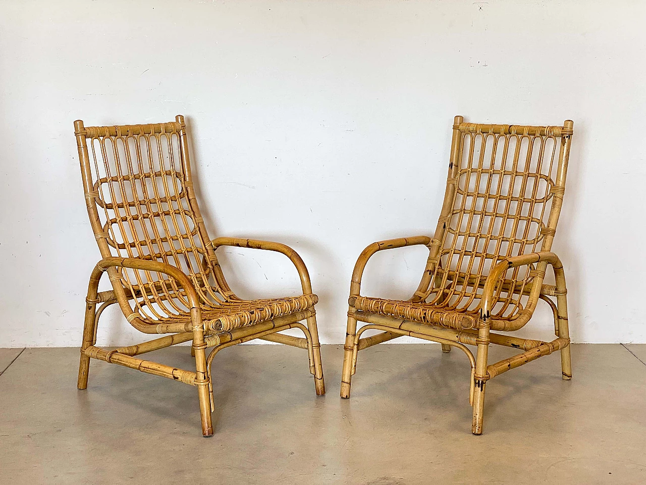 Pair of bamboo and wicker armchairs, 1970s 4
