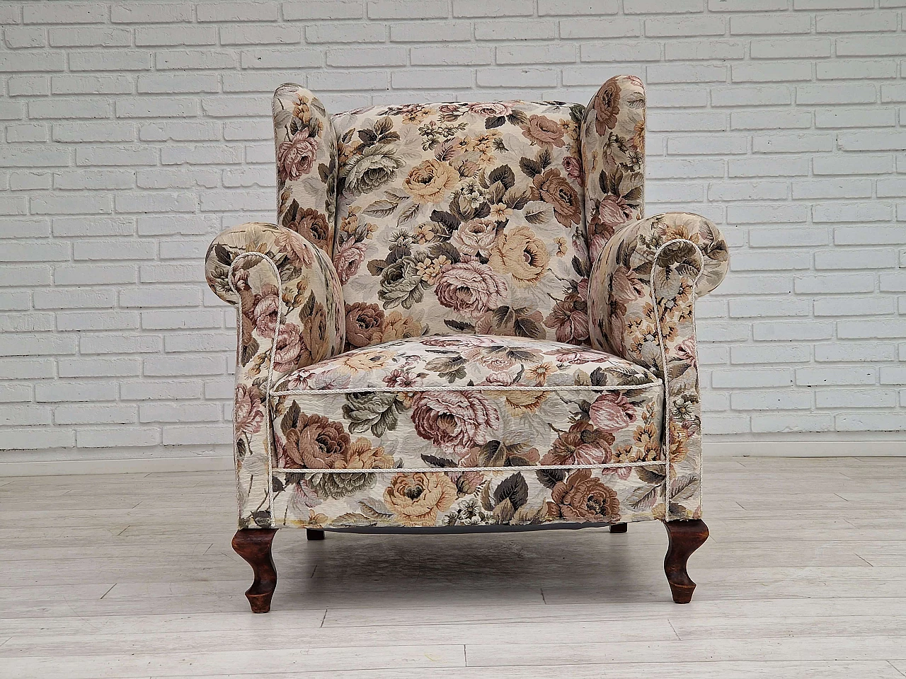 Danish floral fabric armchair with ash legs, 1950s 5