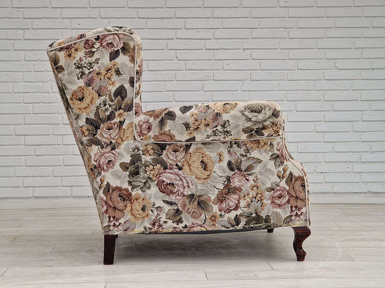 Danish floral fabric armchair with ash legs, 1950s 8