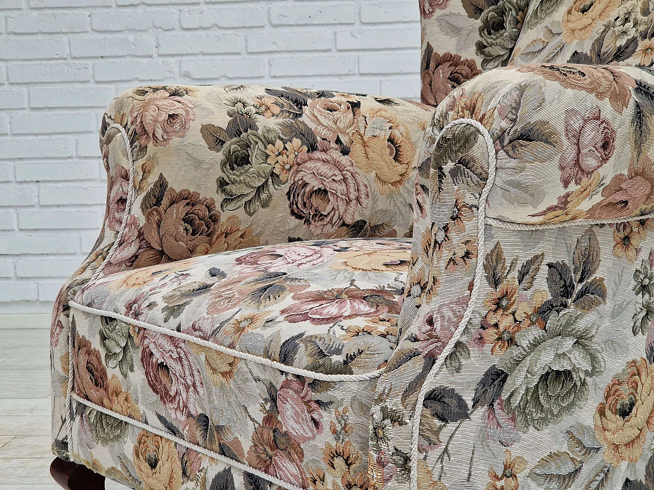 Danish floral fabric armchair with ash legs, 1950s 12