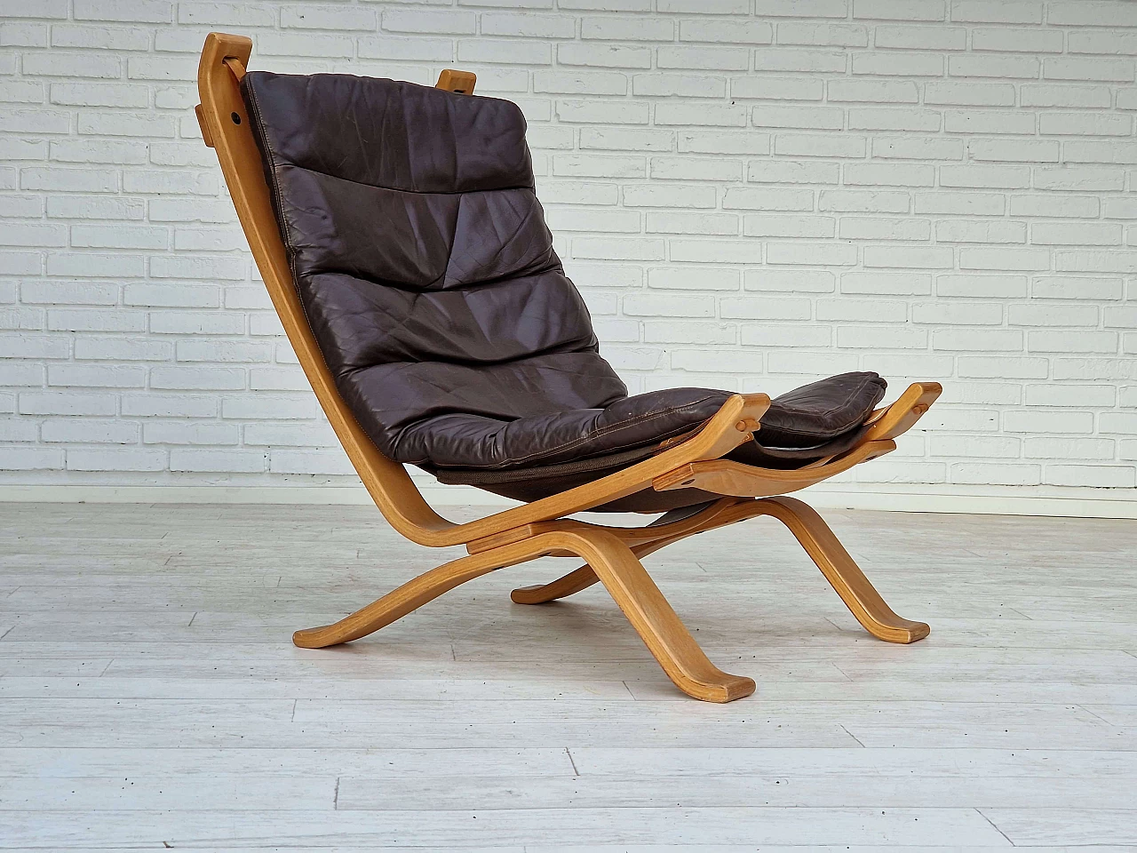 Plywood, leather and canvas Focus armchair by Bramin Møbler, 1970s 1
