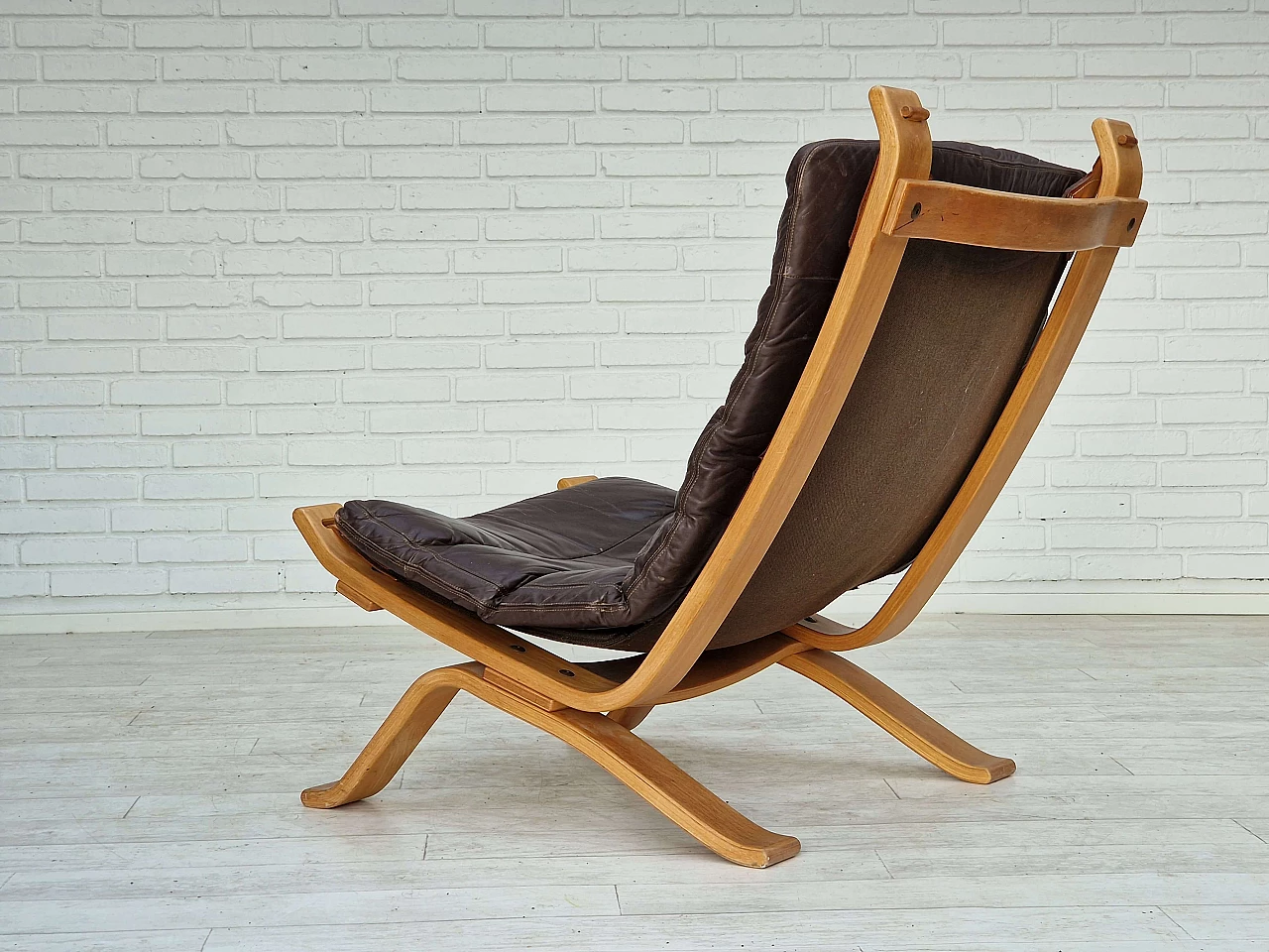 Plywood, leather and canvas Focus armchair by Bramin Møbler, 1970s 9