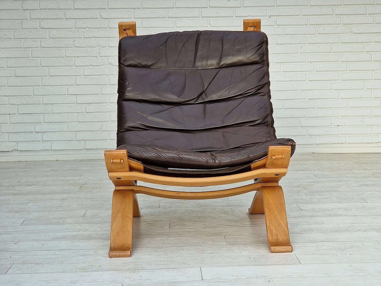 Plywood, leather and canvas Focus armchair by Bramin Møbler, 1970s 13