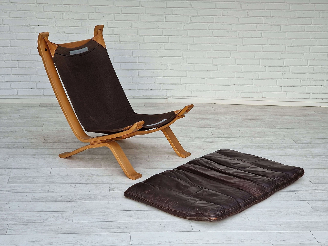 Plywood, leather and canvas Focus armchair by Bramin Møbler, 1970s 14