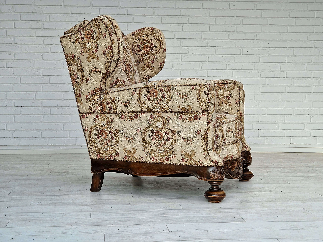Danish ash and floral fabric armchair, 1950s 1