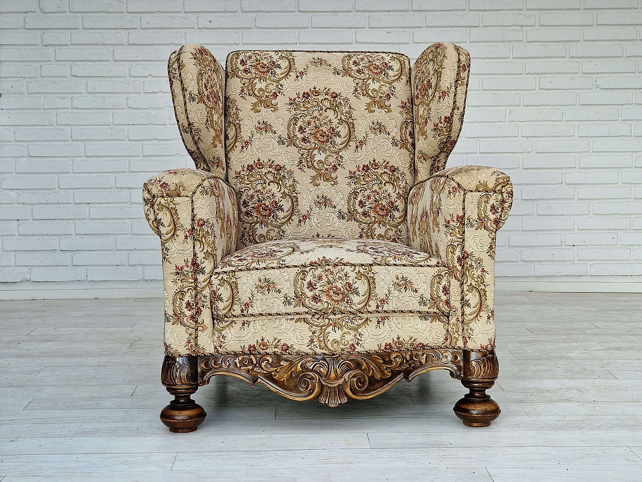 Danish ash and floral fabric armchair, 1950s 5