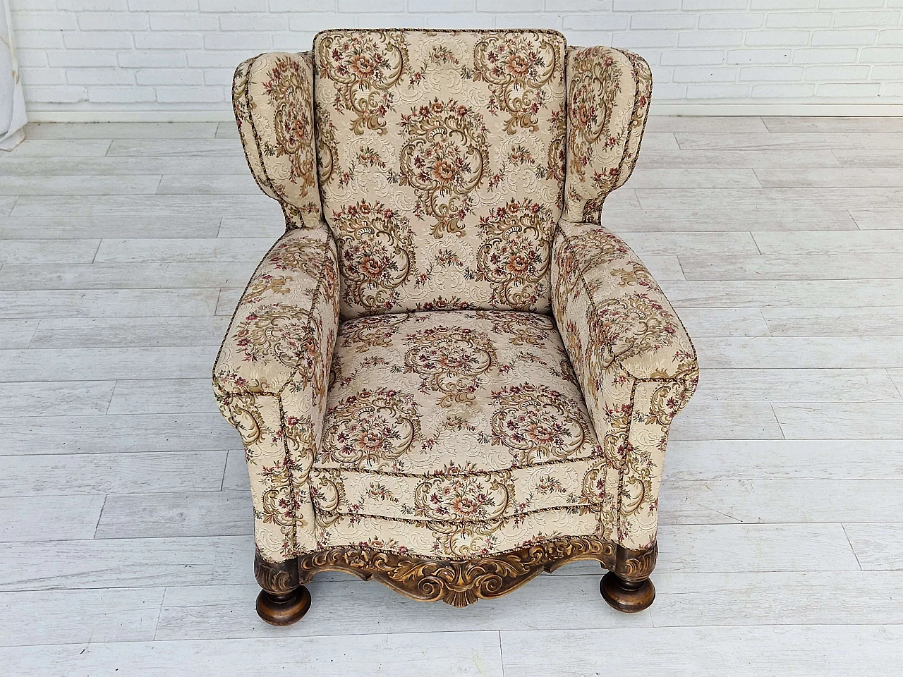 Danish ash and floral fabric armchair, 1950s 6