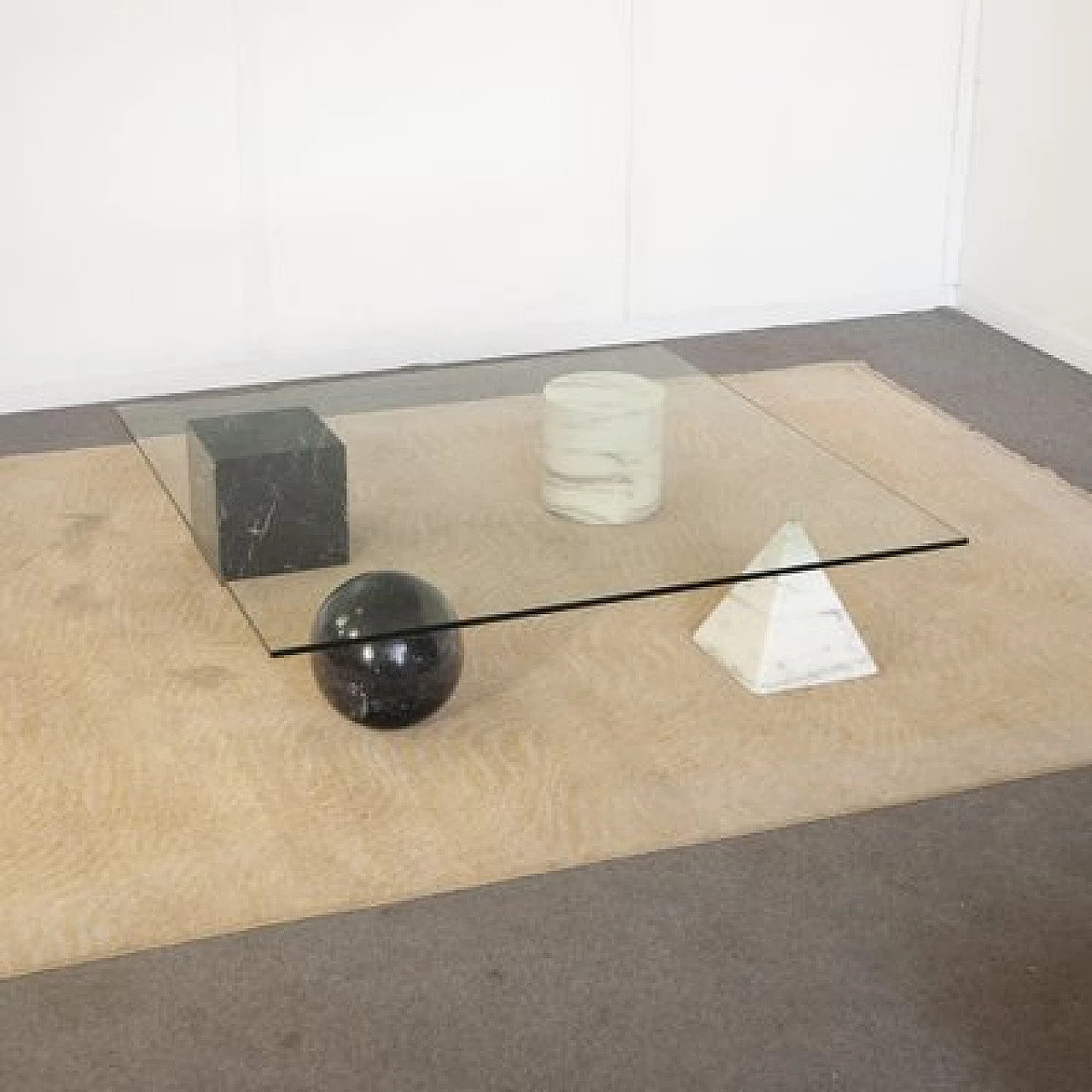 Metafora glass coffee table with geometrically shaped Carrara marble feet by Casigliani for Gianni Vignelli, 1980s 4