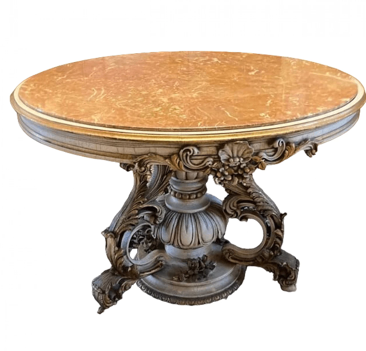 Tavolo rotondo stile Barocco in legno avorio e dorato con piano in marmo 11
