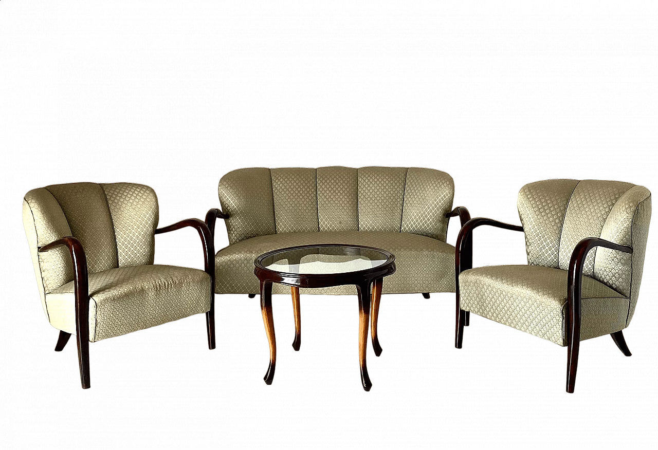 Coppia di poltrone, divano e tavolino Art Deco in noce massello, anni '30 29