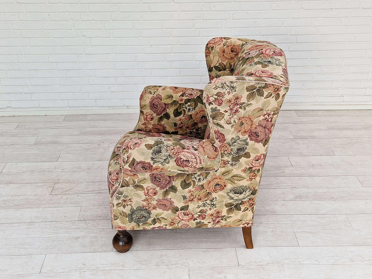 Danish floral patterned armchair with oak legs, 1950s 10